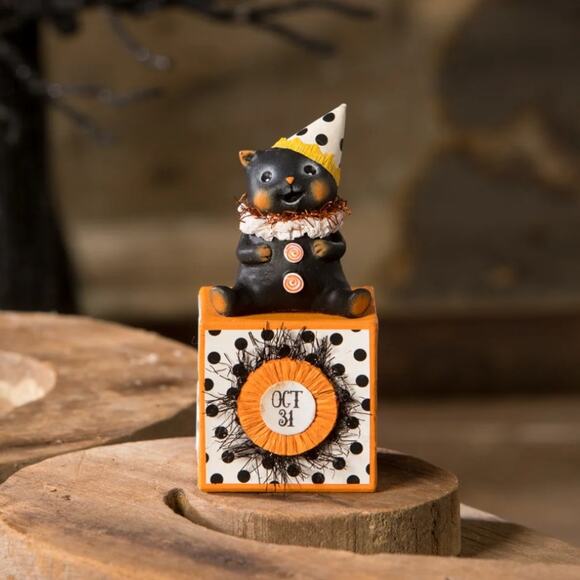 Bethany Lowe Michelle Allen Party Hat Kitty On Block Oct 31 Halloween Cat Figure - Picture 1 of 8